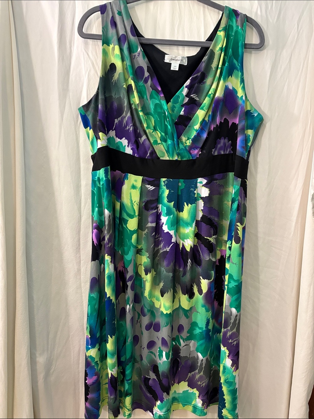 dressbarn Floral Wrap-Style Midi Dress in Teal, Green, Purple & Black